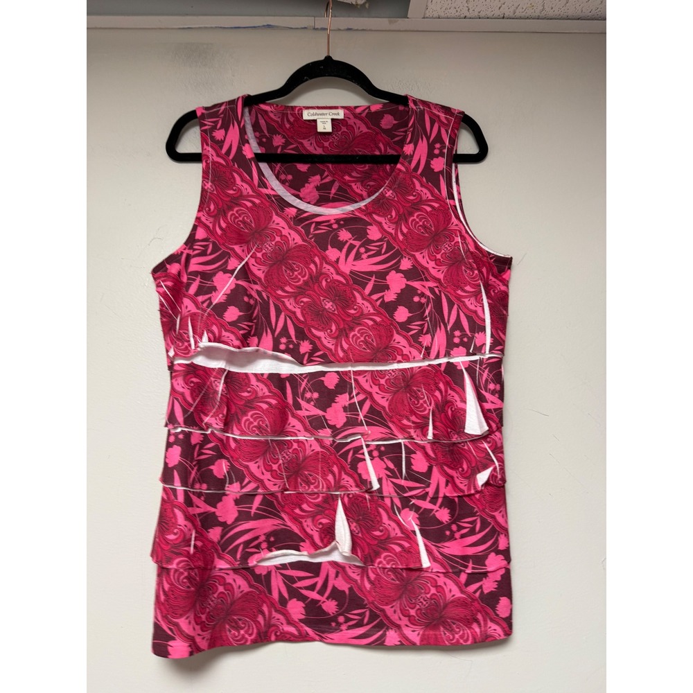 Coldwater Creek Women's Size L Pink Floral Tiered Sleeveless Tank Top Shirt